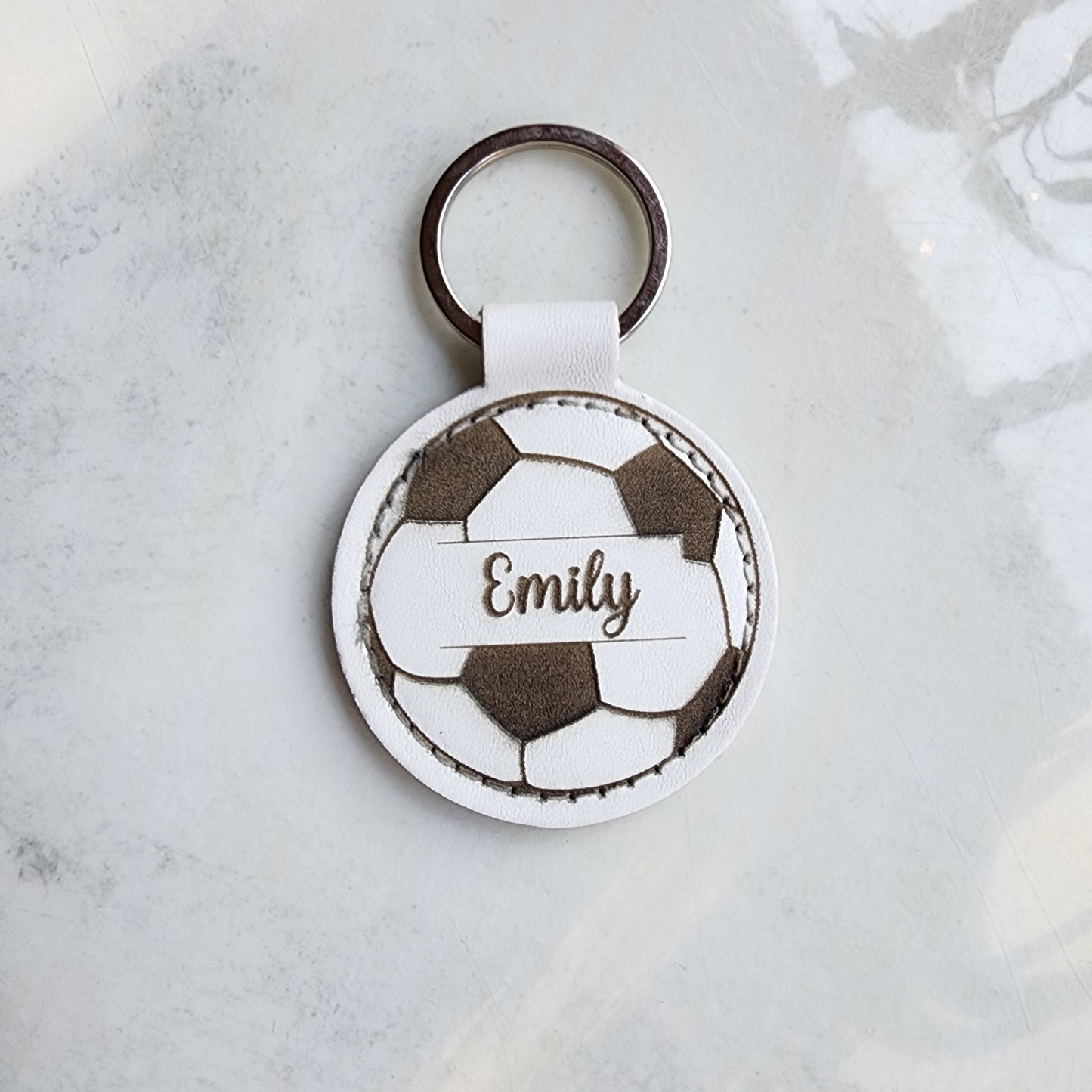 Personalized Soccer Keychain in White Leather